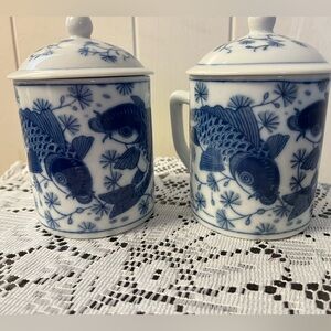 2 - Blue and White Koi Fish Design Ceramic Mugs